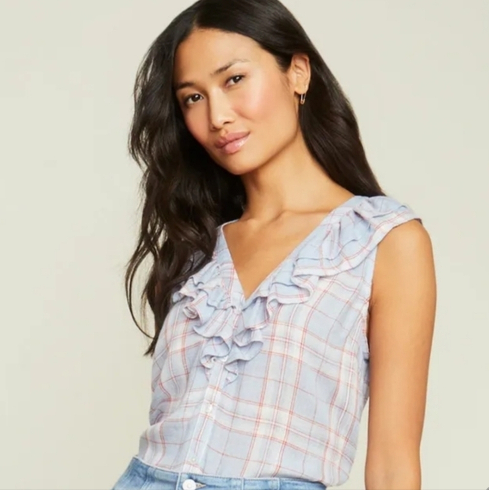 Veronica Beard Leina Women's Blue Plaid Ruffle Top Small